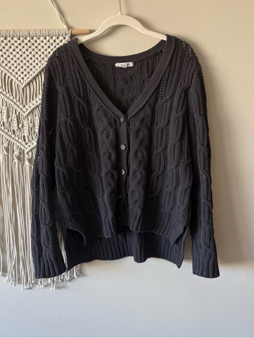 Splendid Black Cable-Knit V-Neck Cardigan